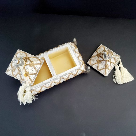 Dresser Top Trinket Chest w/ Finial Lids Footed Tassels Hand Painted Crackled - Picture 5 of 8